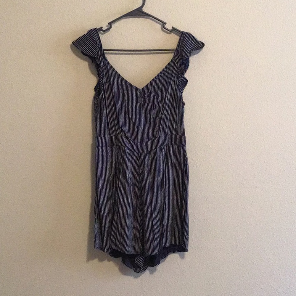 Navy blue and white pin strip romper